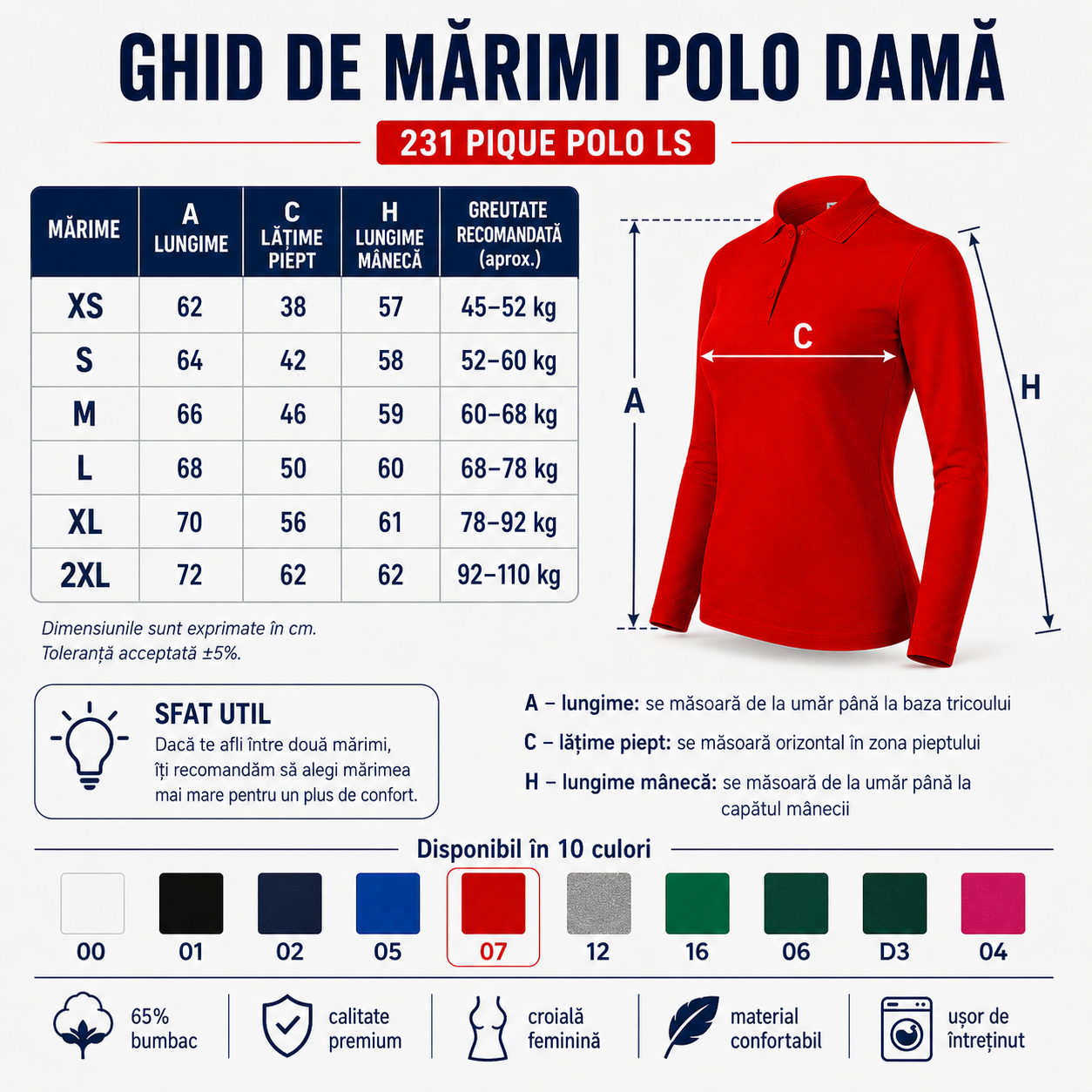 Ghid de mărimi pentru bluză polo damă cu m&acirc;necă lungă XS S M L XL 2XL
